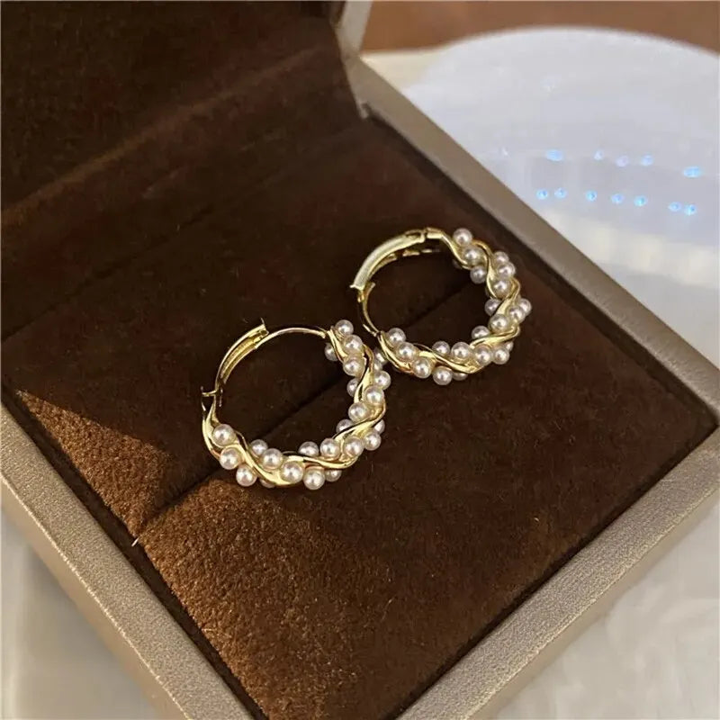 French Imitation Pearl Circel Earring Small round Hoop Earrings for Women New Design Texture Earrings Jewelry Elegant Gift K-