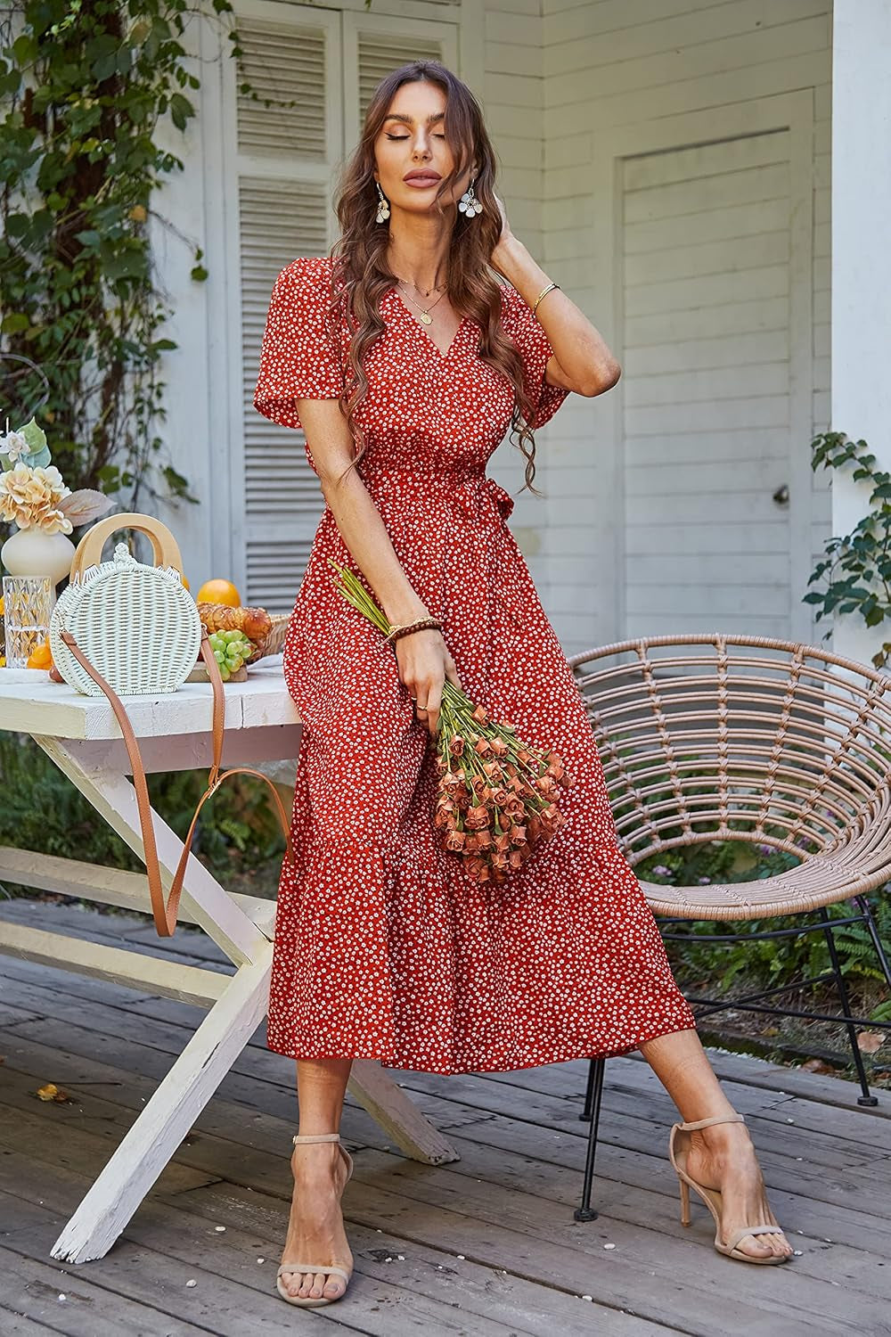 Women'S Summer Floral Boho Maxi Dress Short Sleeve Wrap V Neck Ruffle Long Flowy Beach Wedding Guest Dresses