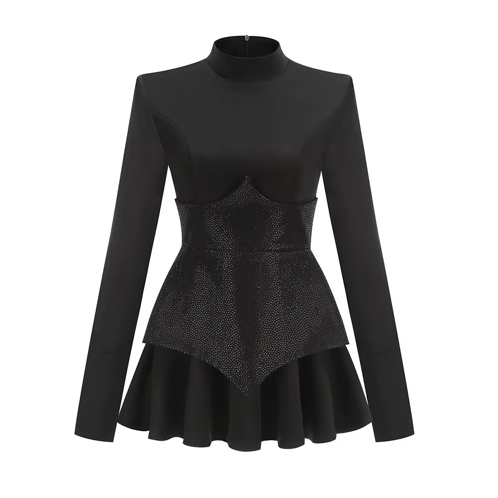 Long Sleeves Waist Sparkle Diamond Mini Dress