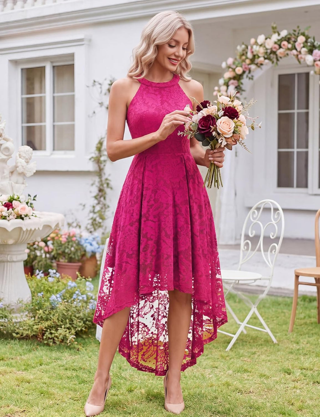 Women Halter Lace Wedding Guest Dress Hi-Lo Cocktail Party Bridesmaid Formal Dresses