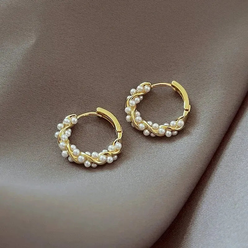 French Imitation Pearl Circel Earring Small round Hoop Earrings for Women New Design Texture Earrings Jewelry Elegant Gift K-